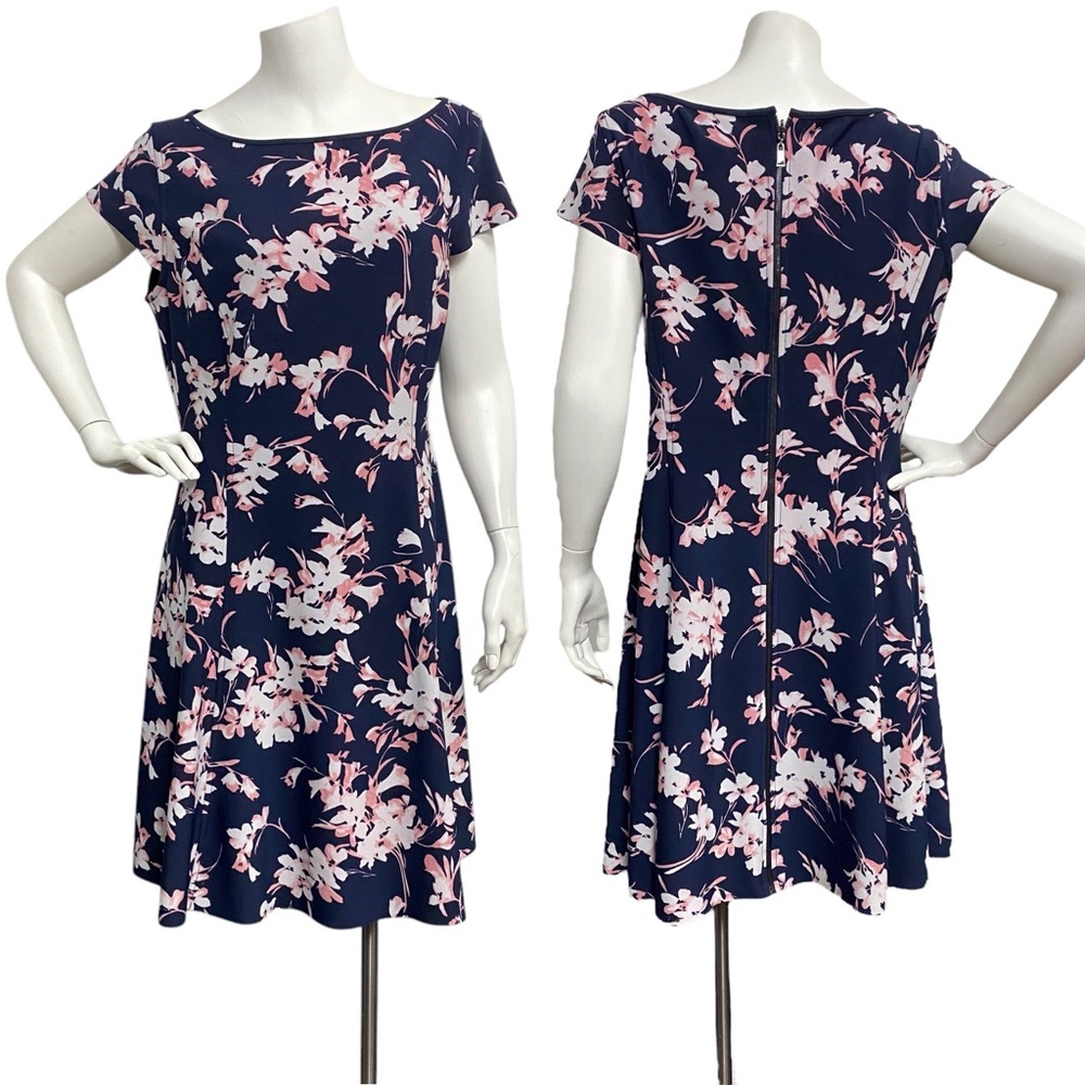 Tahari Women's‎ 12 Petite Dark Blue Pink Floral Print Knit Cocktail Skater Dress